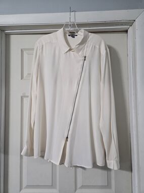 Go Silk Women's Off-White Silk Long Sleeve Zipper Blouse Shirt